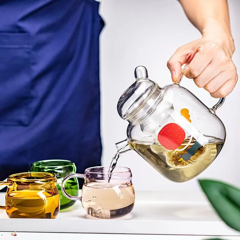 56H Wholesale Color glass inner pot with flowers and plants high borosilicate glass tea kettle