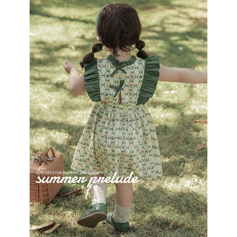 YOEHYAUL Factory Cheap Sleeveless Dress Child Wholesale Price Cotton Green Floral Little Girls Dresses New