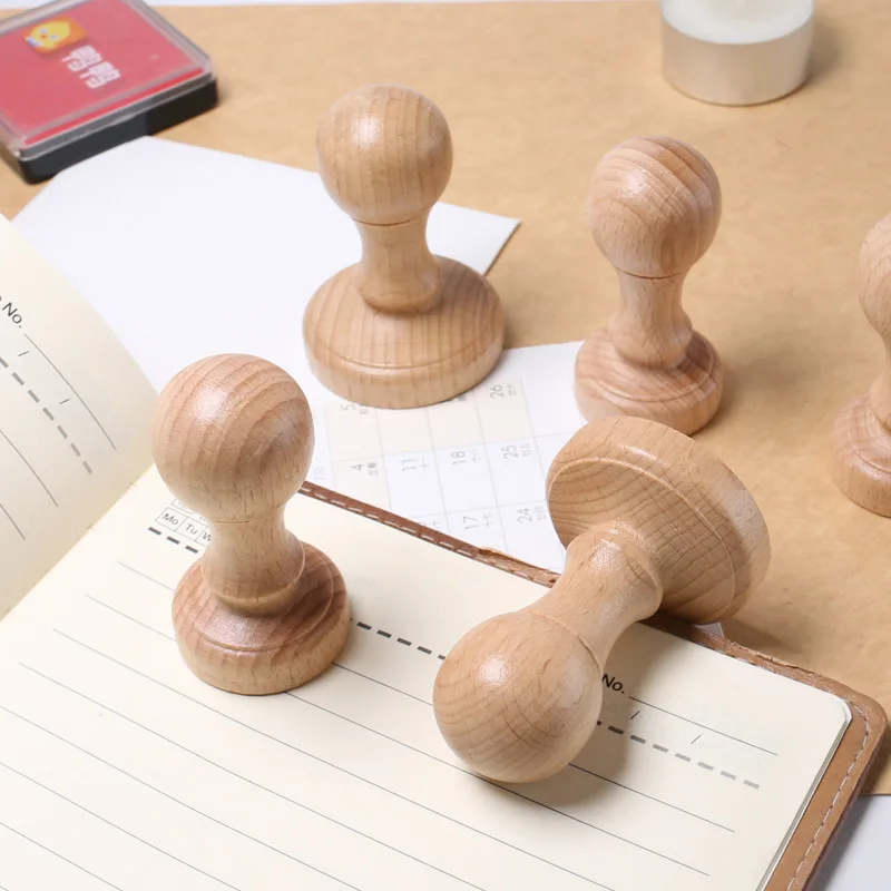 Natural Wooden Office Supplies Customizable Pattern Text Creative Wooden Seal Blank  Round Handle Wooden Rubber Stamp