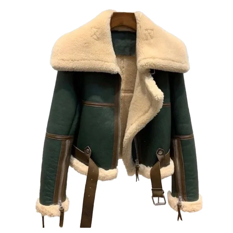 Women Winter Faux Fur Leather Jacket Large Lapel Shearling Motorcycle Jacket