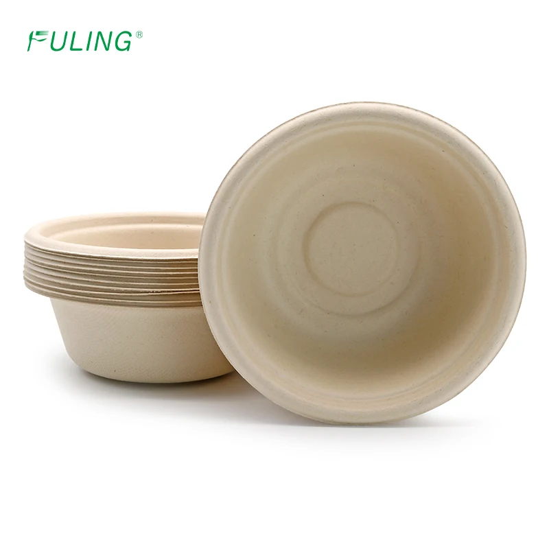 FULING 350ml 500ml big rim compostable disposable bowl eco sugarcane biodegradable soup bowls with lids paper bowls disposable