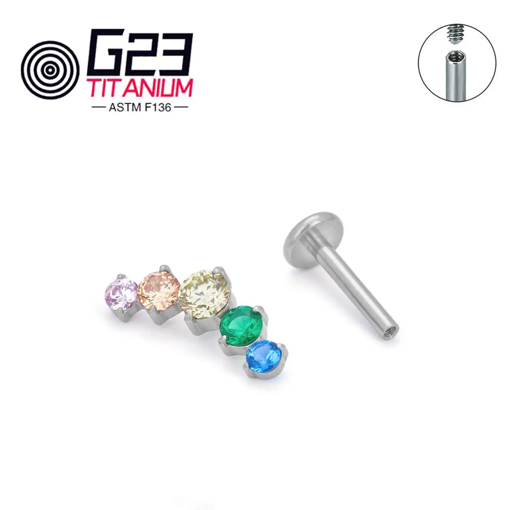 Wholesale G23/ASTM F136 titanium 5 CZ Ear Piercing Lip Labret Lip Rings Earring Studs Piercing Jewelry