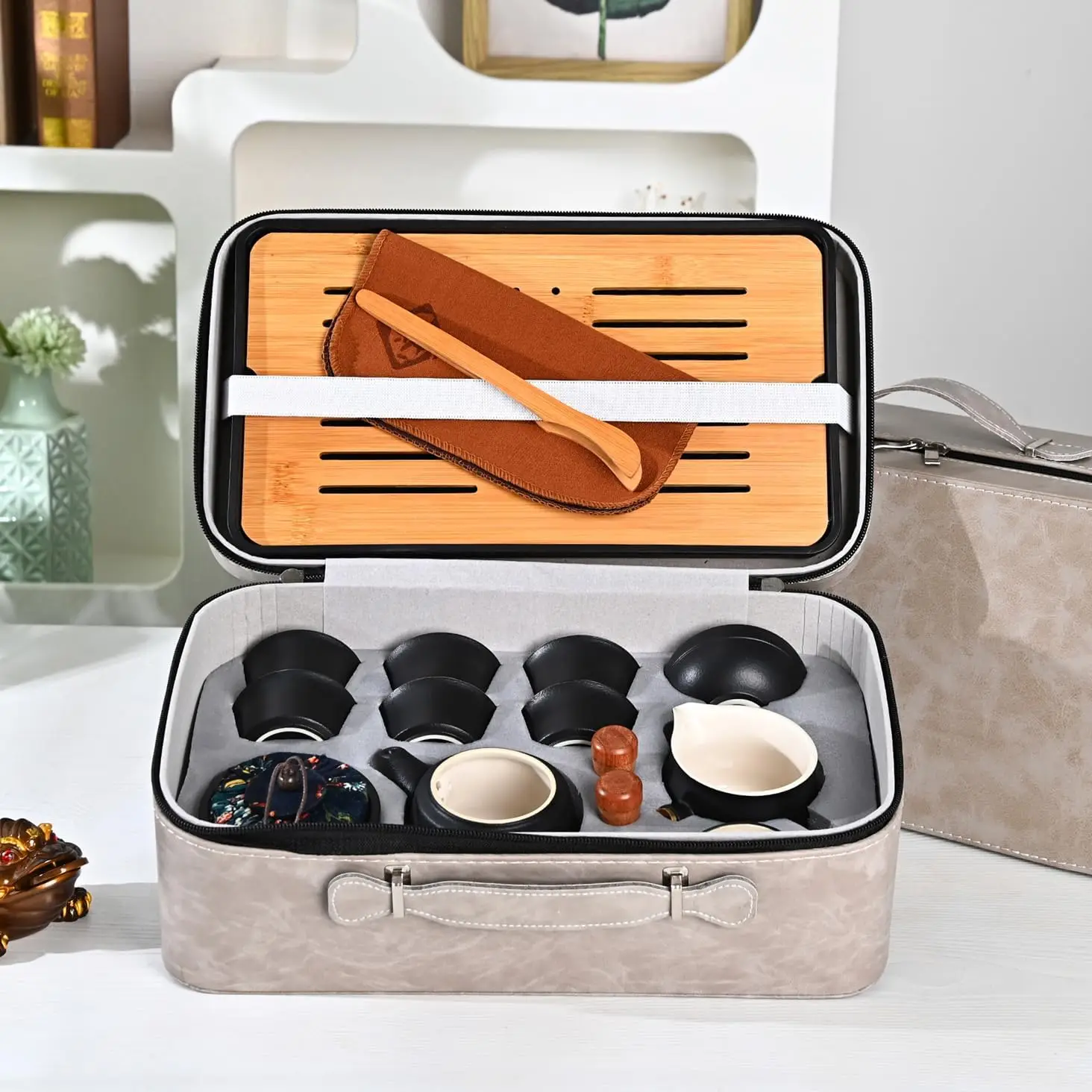 14 Piece Porcelain Tea Set With grey Leather Case Portable Kungfu Tea Set with Bamboo tea tray for Business,Home and Hotel