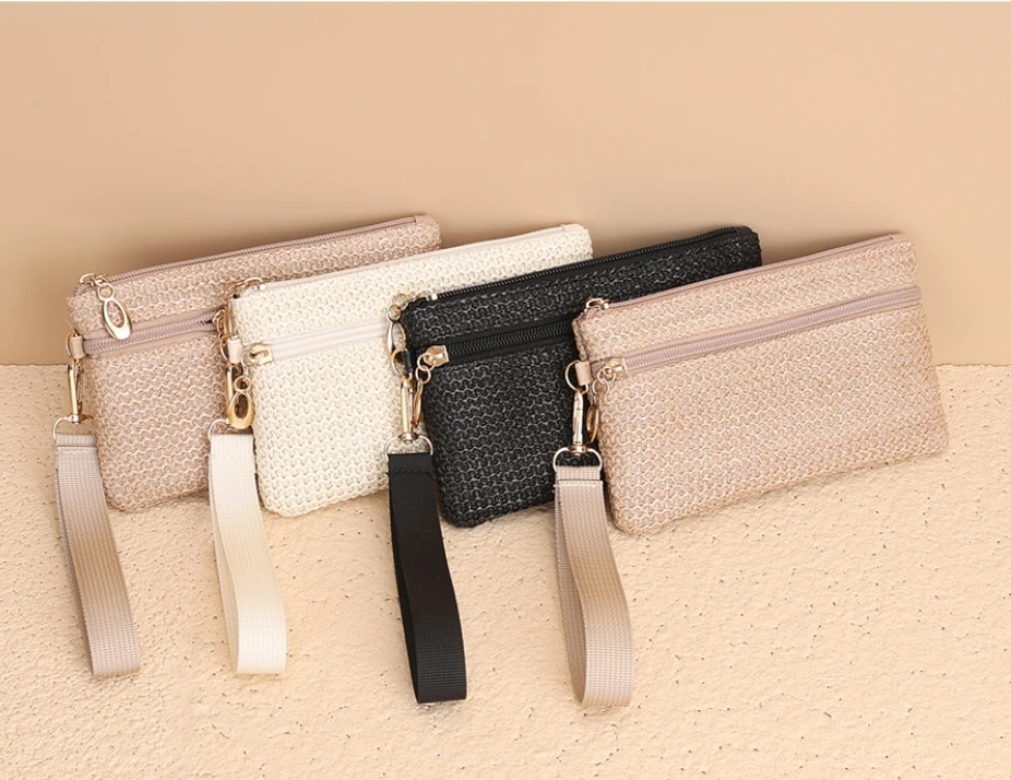 Hot Sale Coin Purse Straw Woven Long Wallet Mini Wristlet Double Zipper Phone Bag Purse For Women