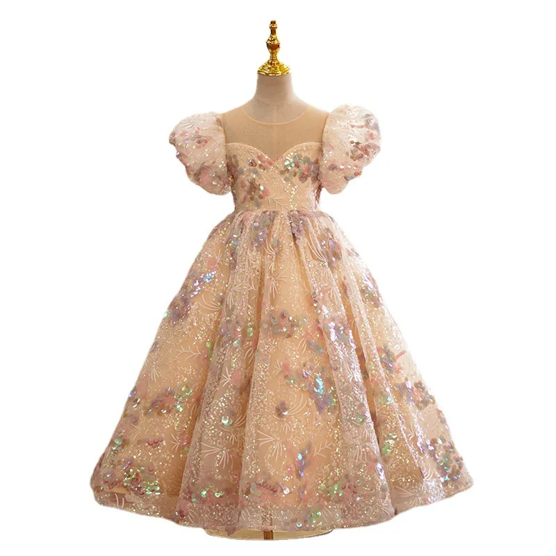 Summer Sequined Flower Girls Princess Puff Sleeve Maxi Evening Dresses Kids Performance Party Wedding Ball Gowns
