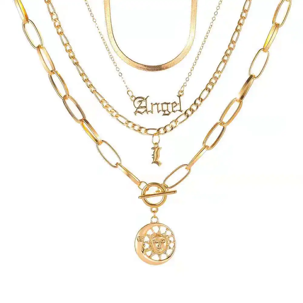 Cross-border hot-selling jewelry in Europe and America, classic personality, letter angel moon sun pendant multilayer necklace