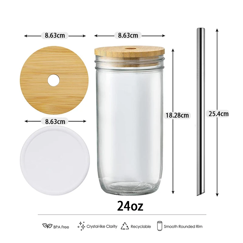 Eco Reusable Drinking 24oz Mason Jar Glass for Bubble Tea Iced Coffee Water Cup With Lids and