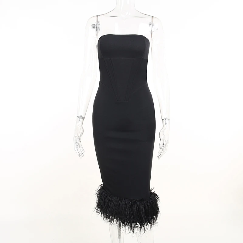 2023 Sexy Elegant Ostrich Feather Trim Black Strapless Bandage Bodycon Midi Dresses For Women