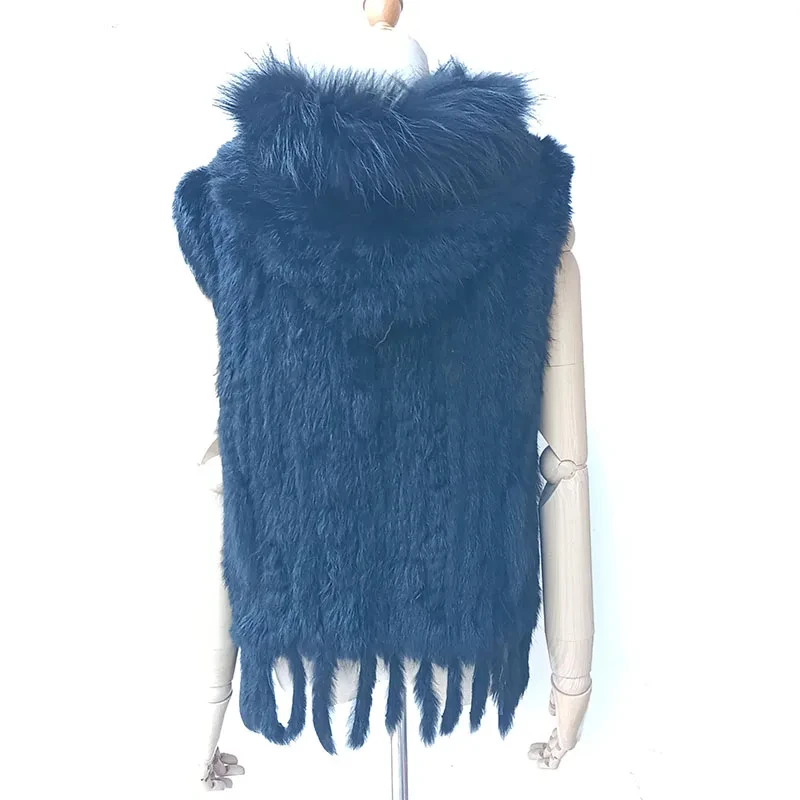 Women Spring Hooded Knitted Real Fur Vest Hot-sale Knitted short rabbit fur gilet with hood with raccoon fur trim for women