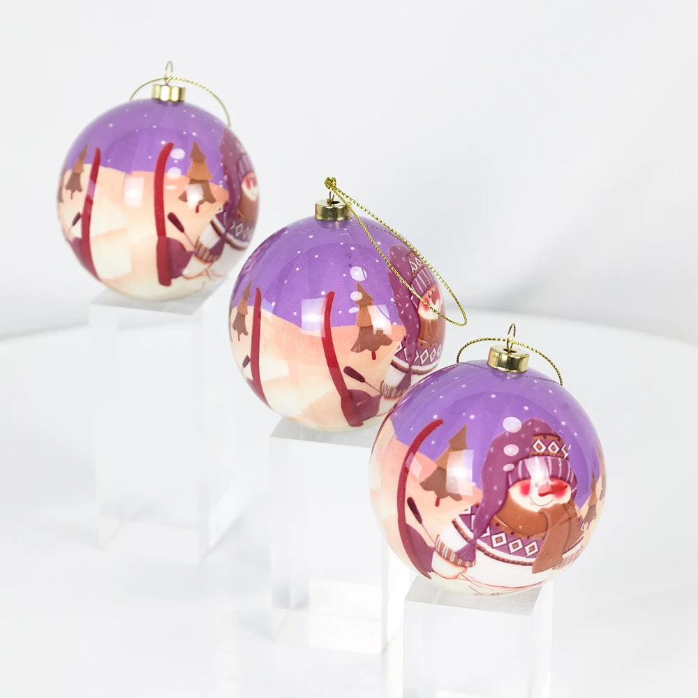 Purple Cartoon Pattern Poly Foam Christmas Ball With Gold Cap Christmas Tree Hanging Decoration Christmas Ball Gift Box Set