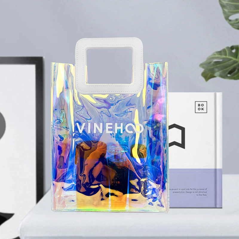 Custom Iridescent Gift Bags with Handles Clear Transparent Holographic PVC Tote Bag Shopping Bag