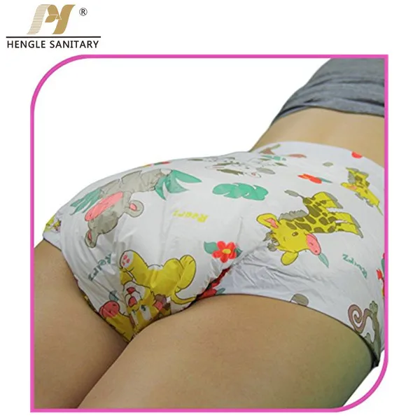 Wholesale disposable high water absorbent animal cartoon printed PE film cheap adult diapers provide free samples for hospitals