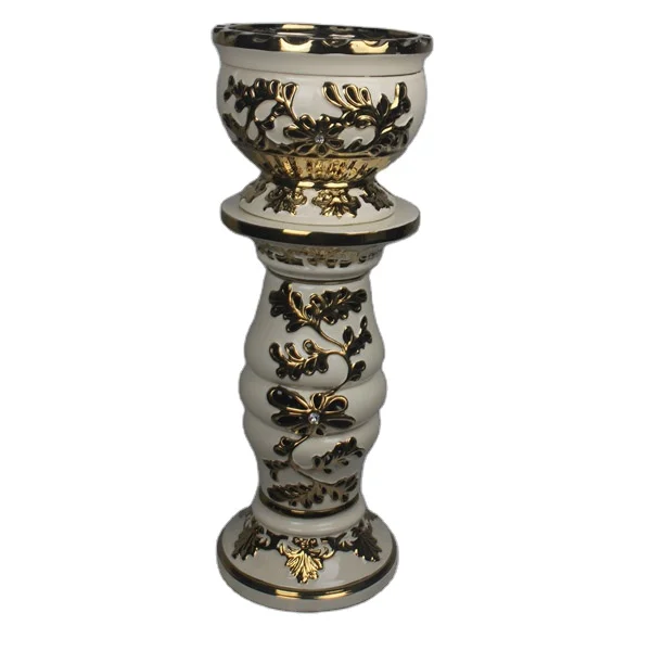 
35.43 inch Golden Pedestal Flower Pots Bowl Electroplated Metal Ceramic Flower Pots With Stand 