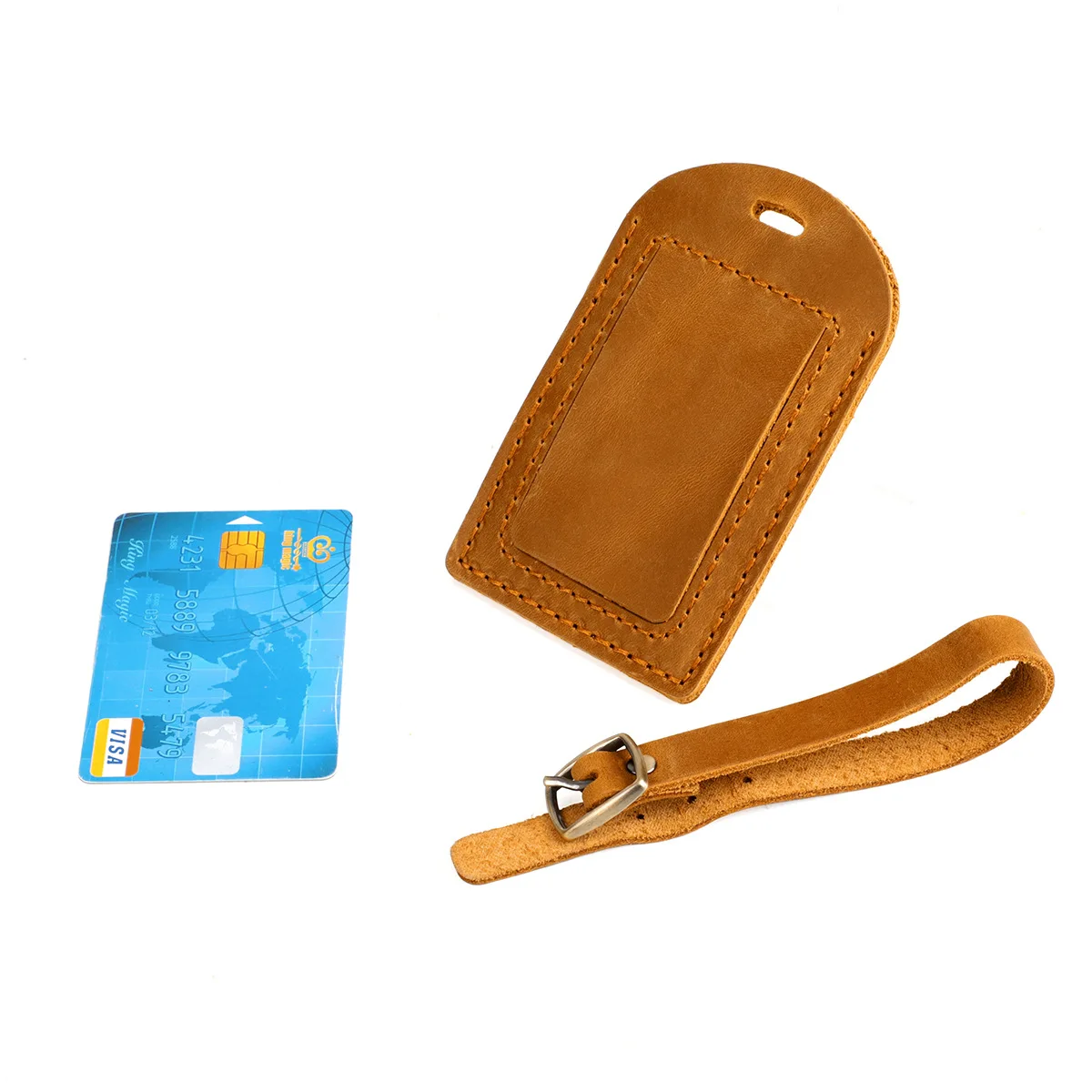 Bulk customized Embossed Logo luggage tags leather Vintage Crazy Horse Genuine Leather Luggage Tag Travel Tag