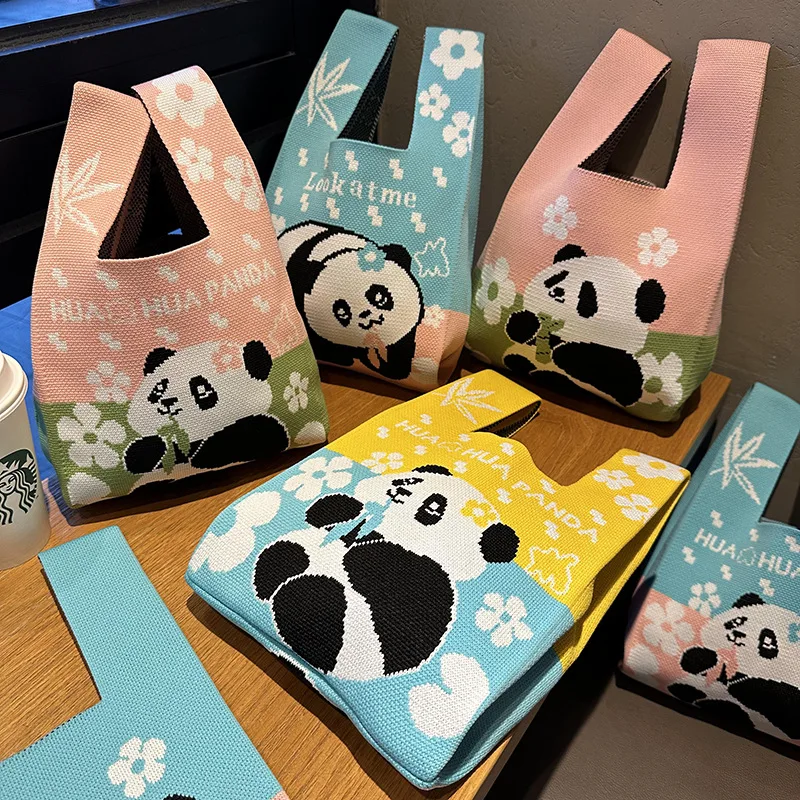 Promotional cheap gift custom small knit bag different cute pattern knitted wrist handbag knit tote woven knot bag