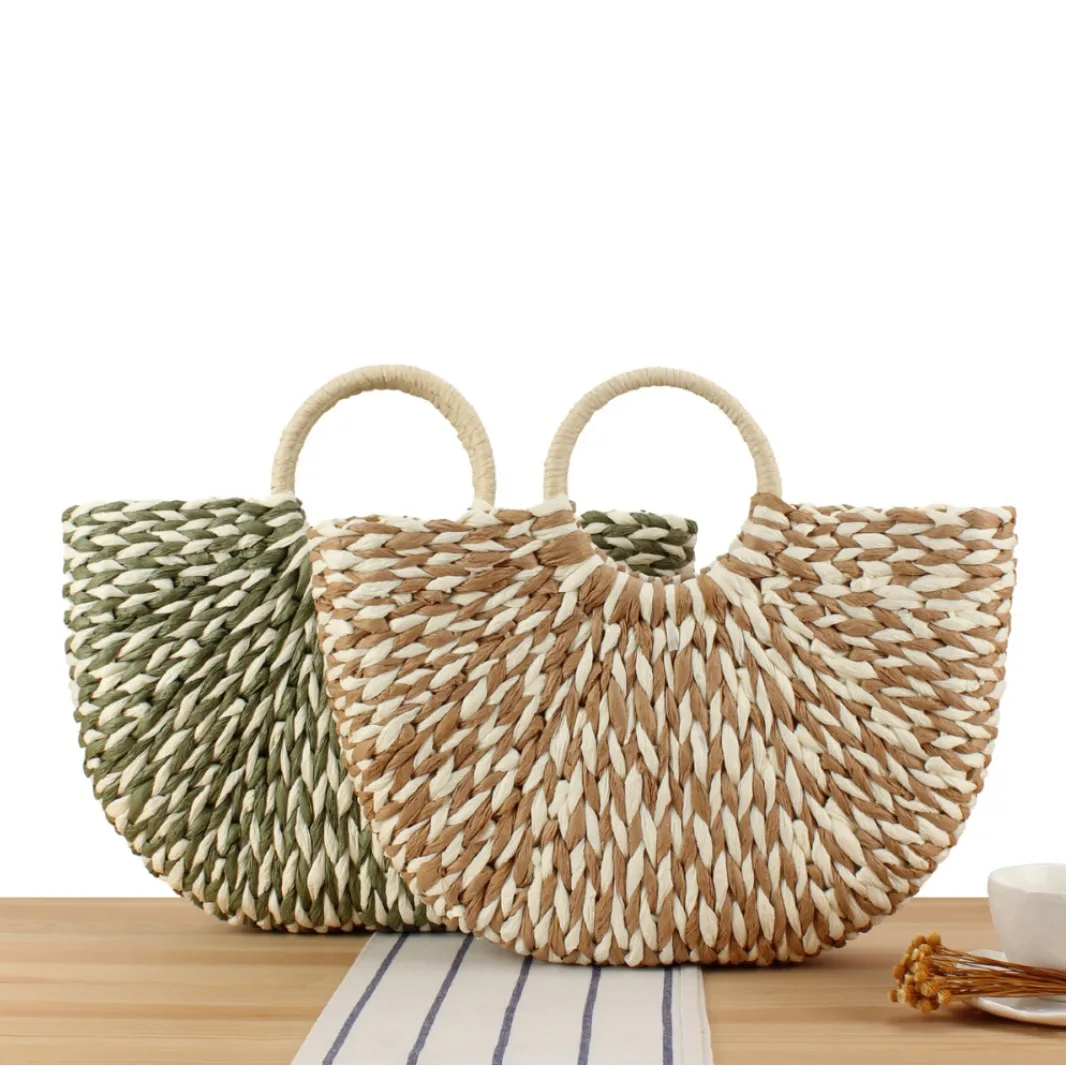 2024 Wholesale New Contrast color Handbags lady holiday beach bags woven purses raffia summer straw basket bag for women
