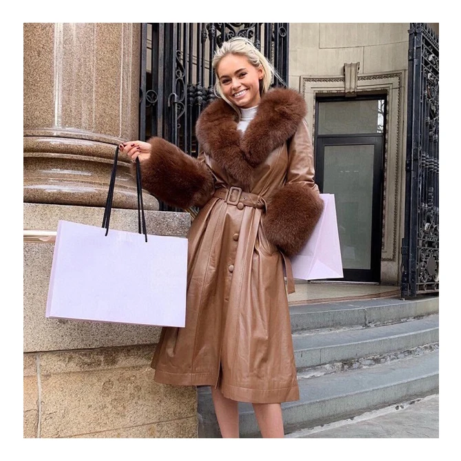 Windproof Genuine Leather Trench Coat Women Long Jacket With Fox Fur Collar