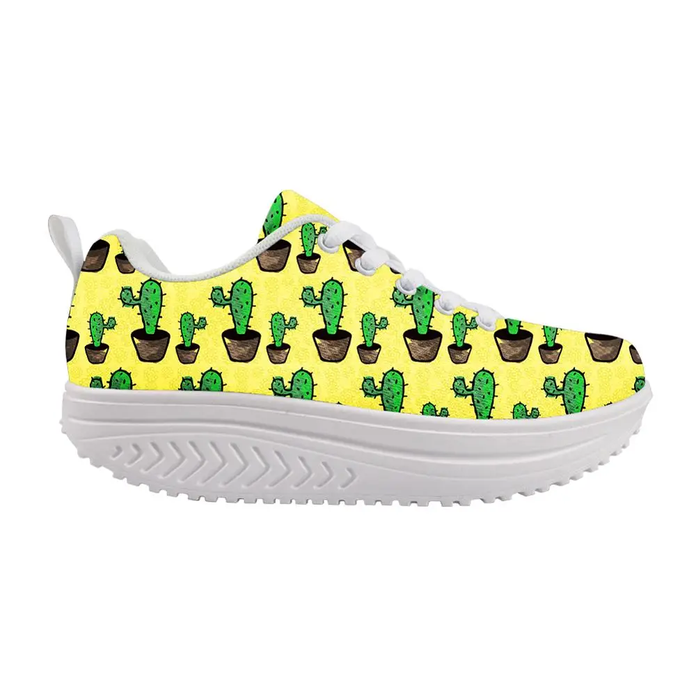 THIKIN Cactus Printed Women Running Shoes Anti Slip Soft Sport Shoes Comfortable Lace Up Slimming Swing Sneaker Tennis Shoes
