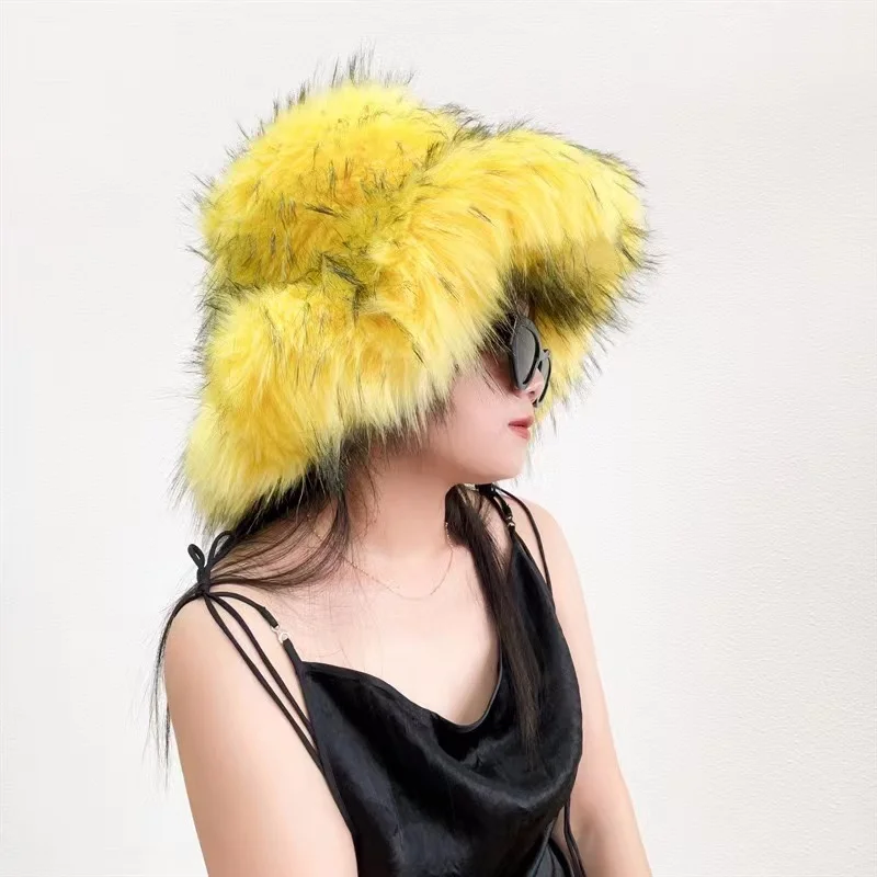 Winter Faux Fur Bucket Hat For Women Cow Print Fur Bucket Hat Fisherman Hat Fluffy Plush Bucket Caps
