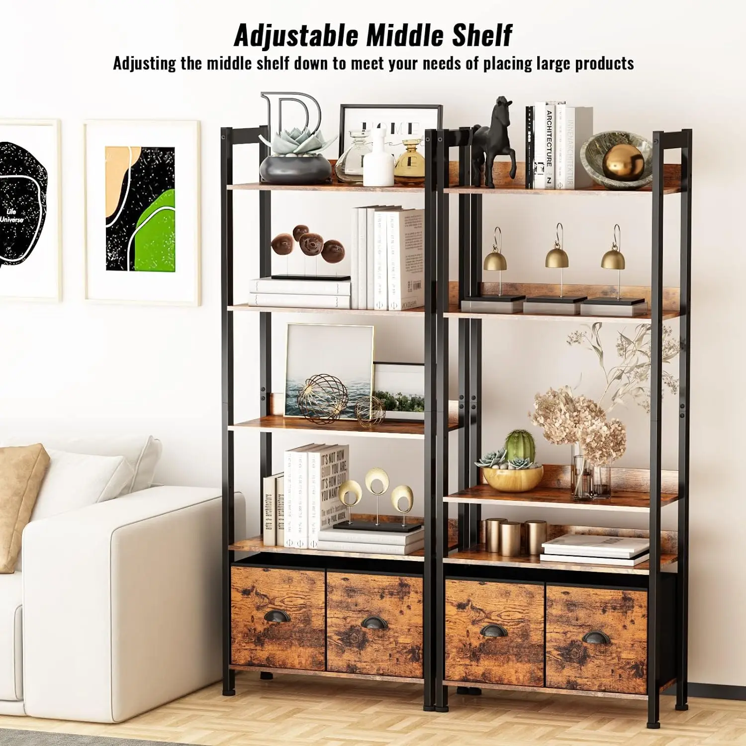 Bedroom Living Room Office Modern Rustic Brown Tall Shelves Storage Organizer Drawers Bookshelf Bookcase Wood Metal Book Shelf