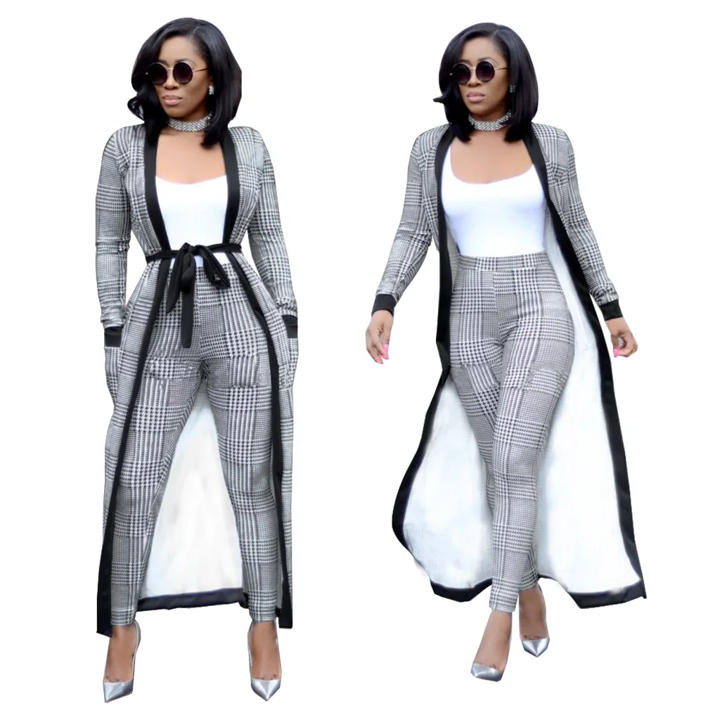 
Best Popular Womans Plus Size Long Coat and Tigh Pants Two Piece Set with Belt 