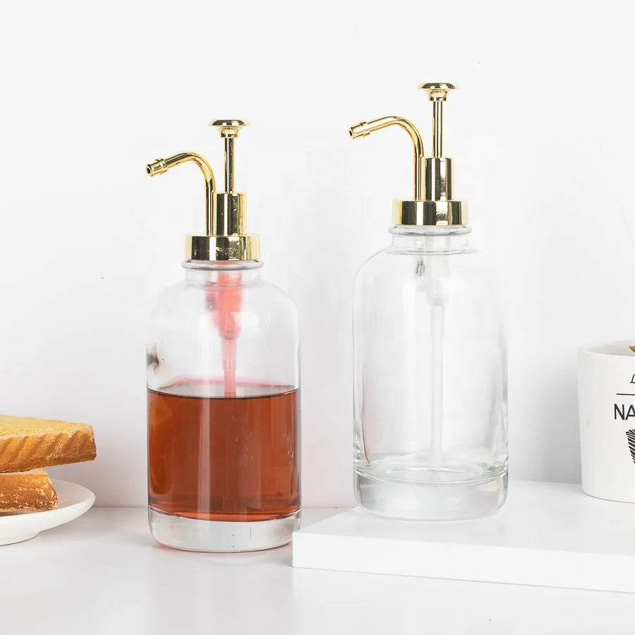 Refillable 16oz High Flint Thick Glass Liquid Soap Dispenser With Gold Rustproof Pump Lid Dish Soap Dispenser For Kitchen
