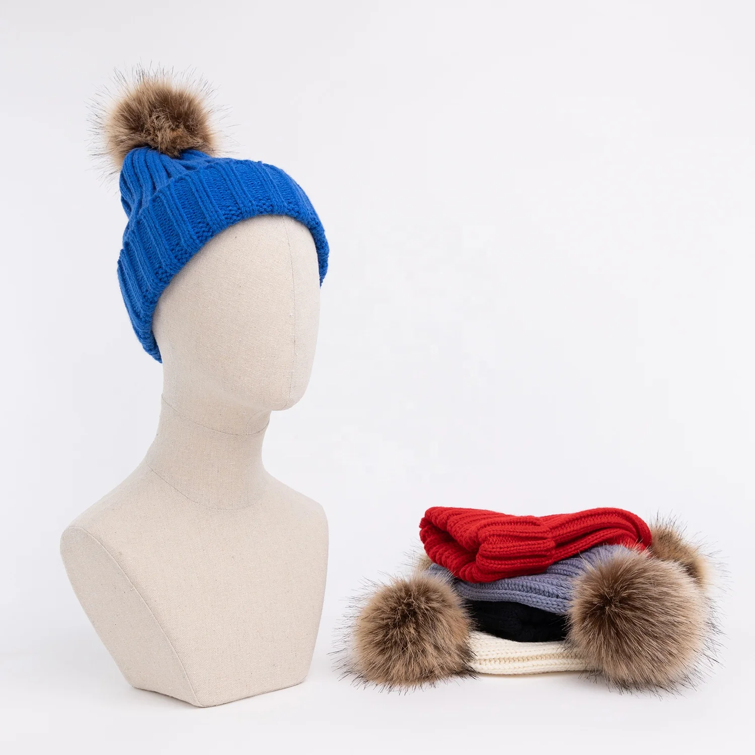 Winter Ribbed Chunky Slouchy Skull Faux Fur Pom pom Knitted Cuffed Custom Embroidered logo Beanie Hat