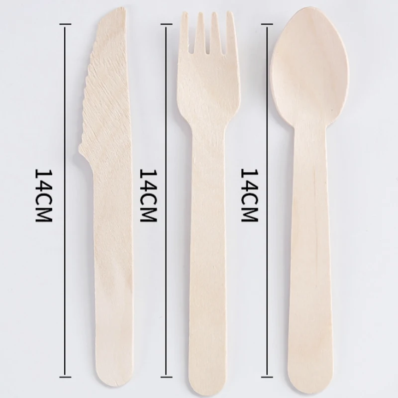 100PCS/Lot 140MM Natural Eco-Friendly Biodegradable Wooden Forks Spoons Knife Utensils,  Alternative to Plastic Cutlery