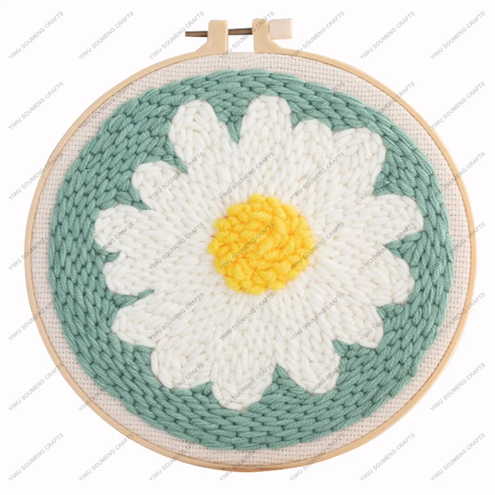 White Daisy Poke Embroidery Handmade DIY Flowers Cross Stitch Poke Embroidery Hoop Punch Needle Embroidery Kit For Beginners