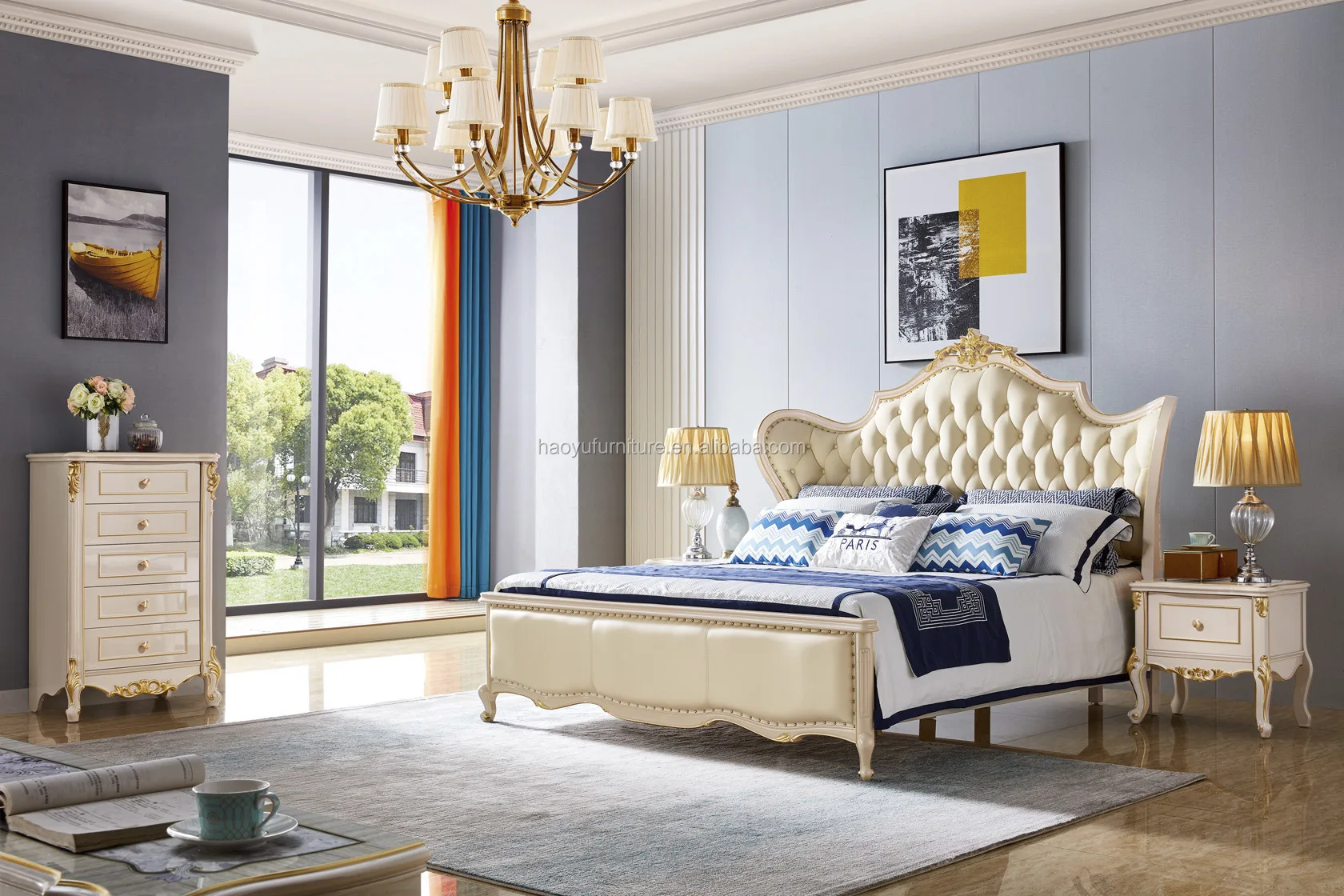 1603#Antique Luxury European Baroque Bed French Provincial Wedding Hand Carved Wooden MDF Bedroom Set Cardboardfurniture