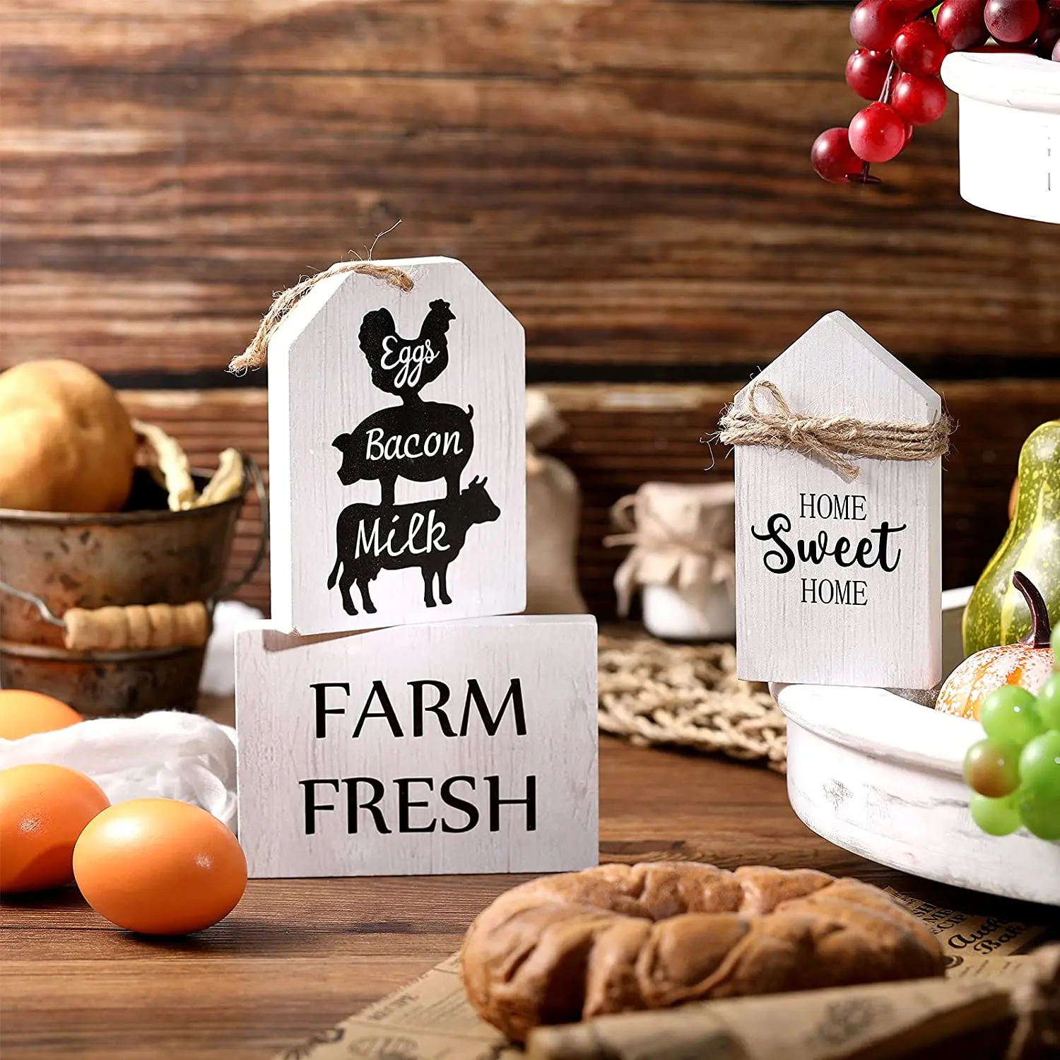 Farmhouse Tiered Tray Decorations Set Home Sweet Home Wood Sign Eggs Bacon Milk Sign and Rustic House Shaped Table Decor