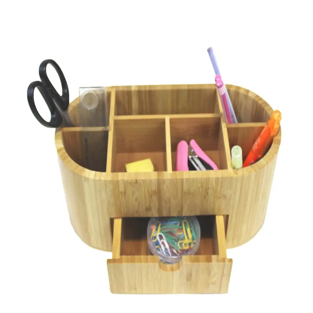 
Home and Office Natural Bamboo Stationery Desk Organizer With Drawer 