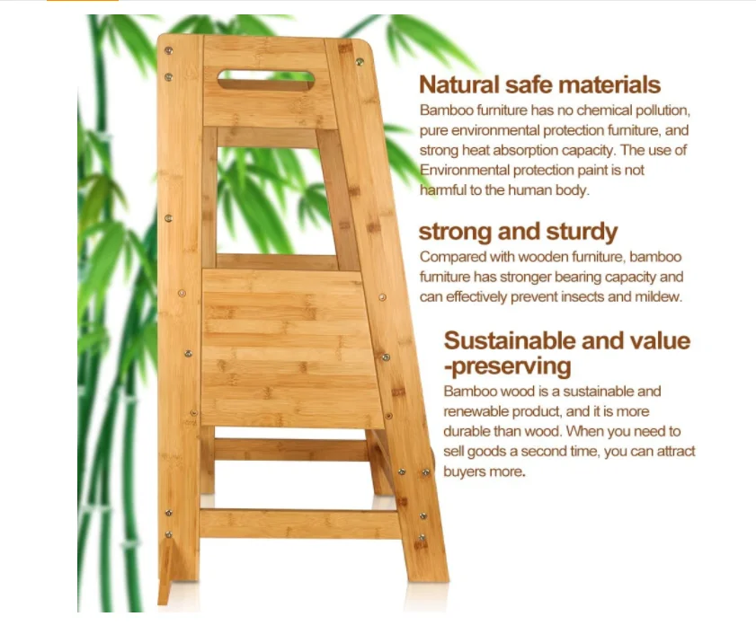 Kitchen Helper Stool for Toddlers, Bamboo Kids Learning Standing Step Tower with Adjustable Heights Platform and Safety Belt