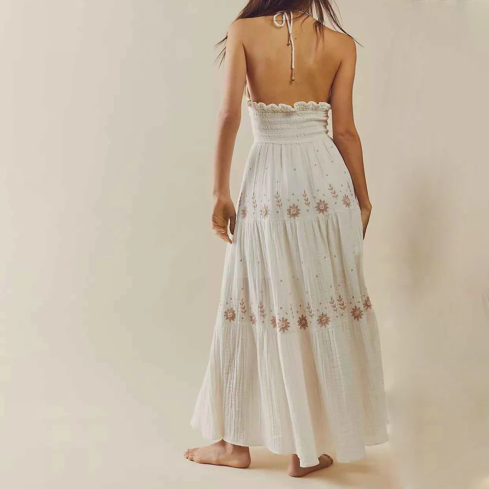 Wholesale Long Dress Hot Sale Casual Dresses Ladies Bohemian Sundress Backless Smocking Maxi Dress