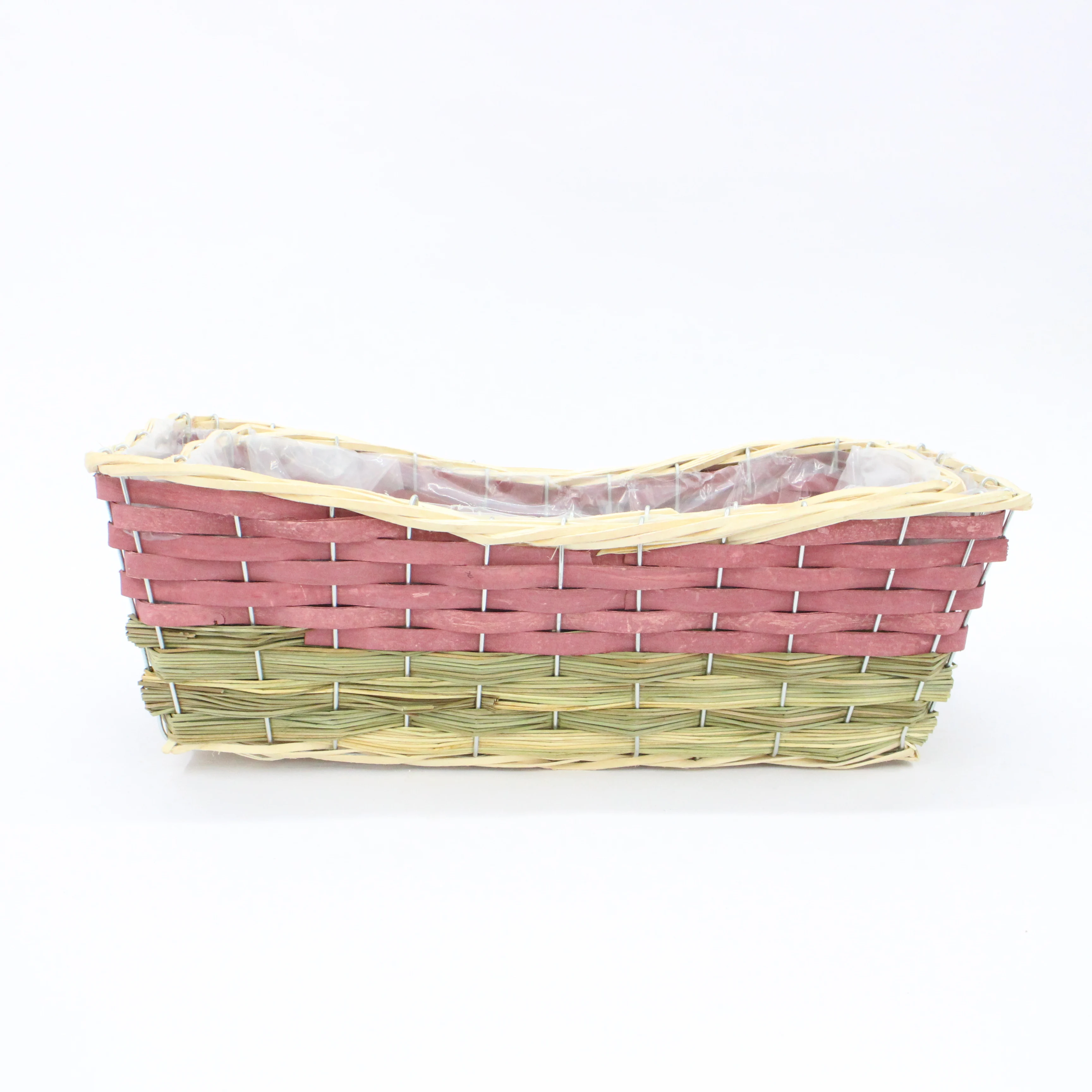 Rectangular handmade wood chips mixed with cattail to create a flower pot with waterproof lining