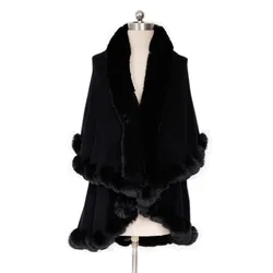 Top Quality Women Winter Wool Blended Cape Shawls With Faux Fur Trim