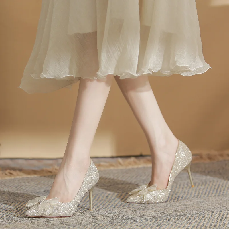 Dropshipping Custom Logo Silver Sequin High Heels Sexy Pumps for Women Height Increasing Ladies Wedding Heeled Shoes