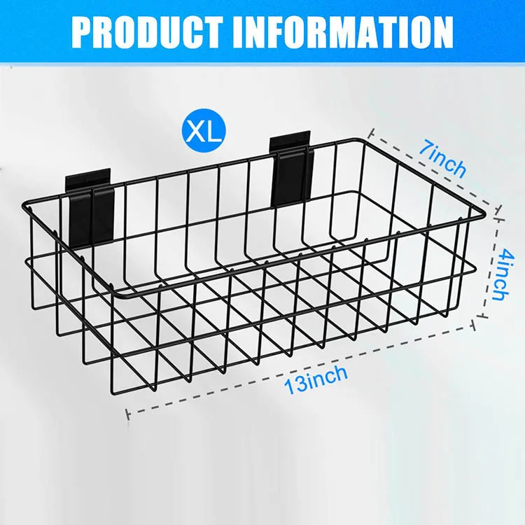 JH-Mech 4 Pcs Slatwall Panel Hanging Wire Basket Large Capacity Adjustable Height Zinc Plated Metal Wire Basket