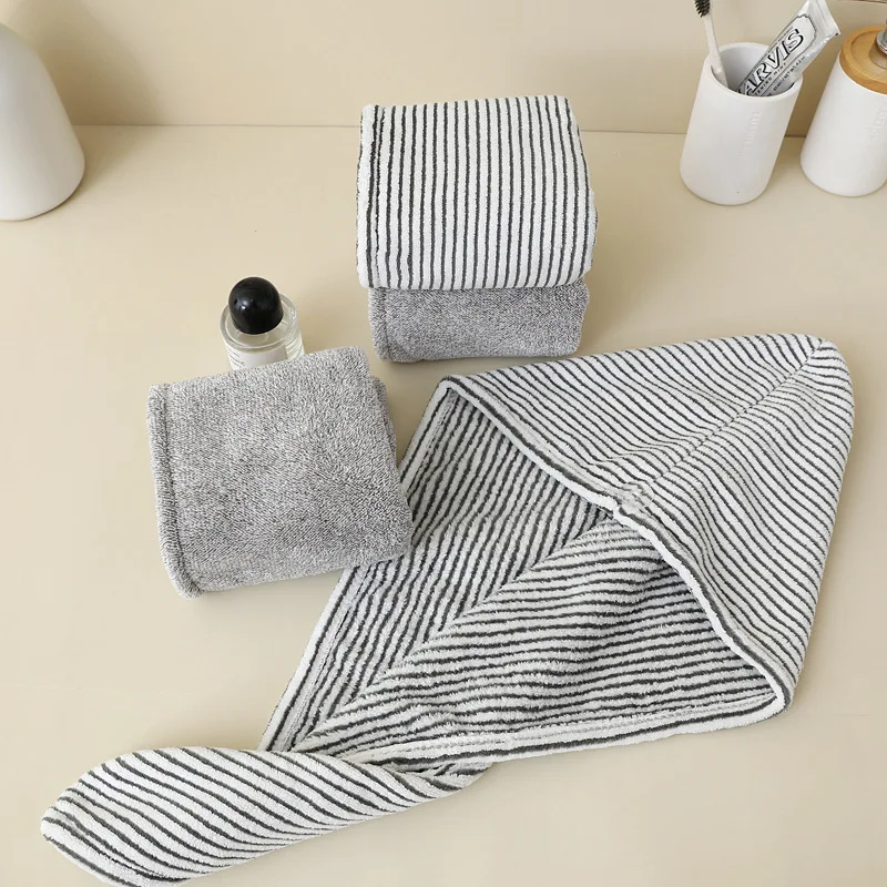 Hot Sale Black And White Color Striped Bamboo Charcoal Fiber Coral Fleece Hair ,Towel Soft Water Absorbent Bathroom Hair Towel