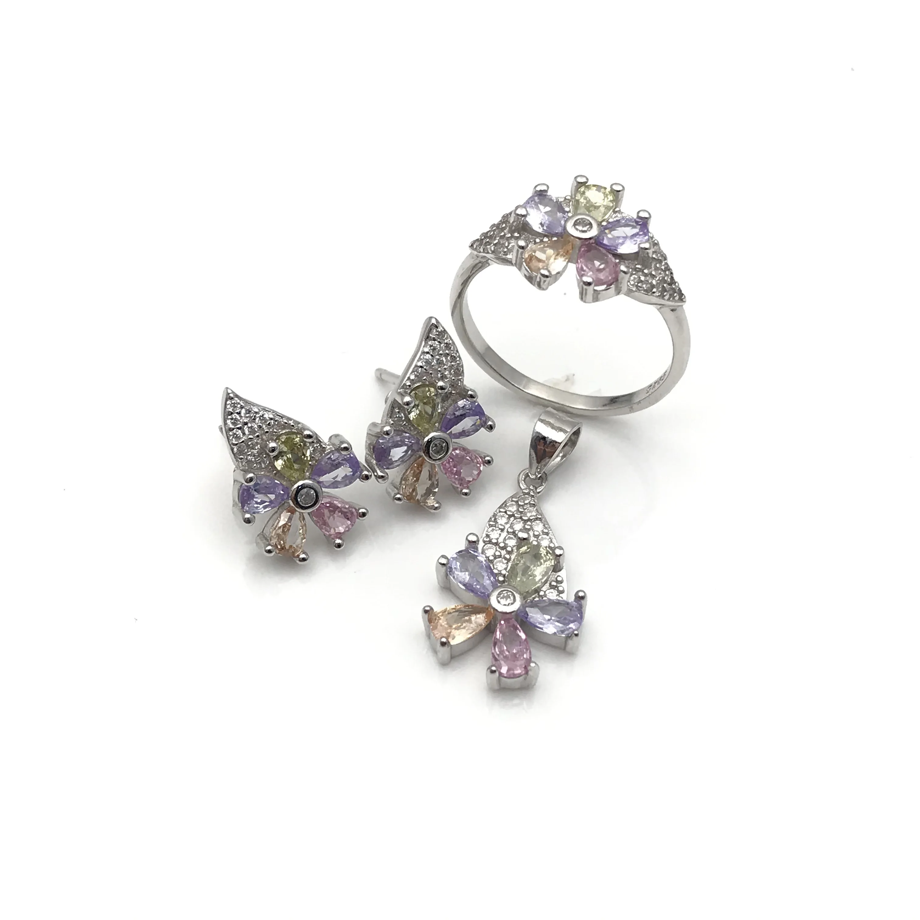 Ring Pendant Flower Earring Set Fashion Jewelry Set 925 Silver Rhodium Plated Luxury Cute Zircon FANXING Engagement UK for Women