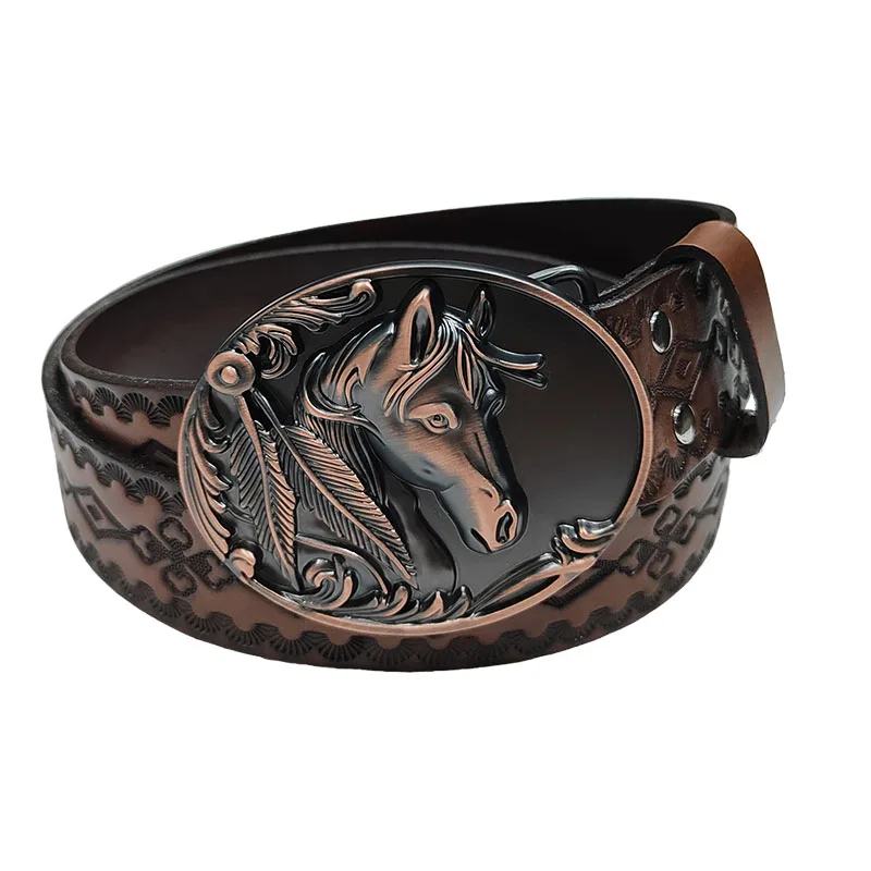 Personality Retro  hand carved   Genuine Leather  man belt Metal buckle