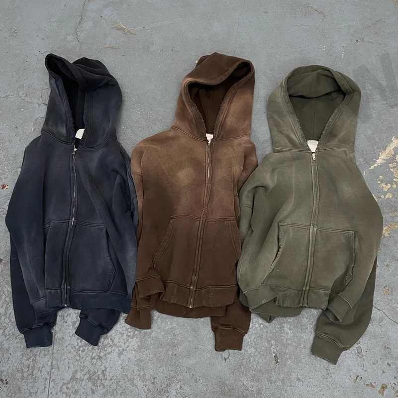 Topshow Streetwear Hoodie Cotton French Terry Acid Wash Vintage Custom Logo Oversized Stone Wash Sun Faded Distressed Hoodies