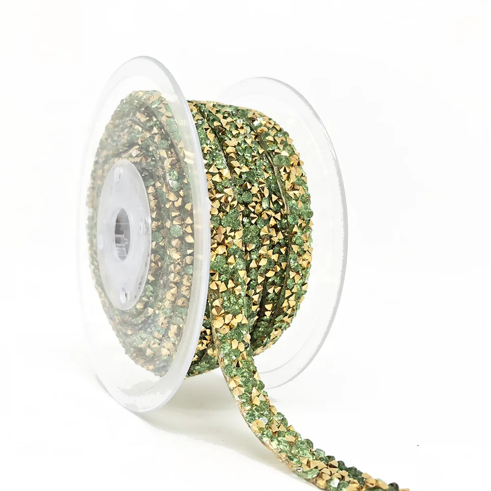 L076 1cm width iron on heat transfer hot fix crystal rock ribbon Gilded bottom crystal  resin rhinestone trimming tape for shoes