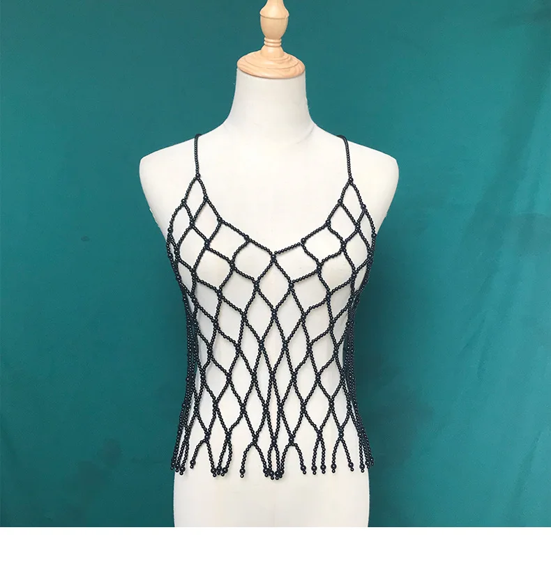 Wholesale Elegant Body Jewelry Bra Halter Jewelry White Black Pearl Tops Summer Bikini Sexy Body Chain Hollow Out Vest Blouse