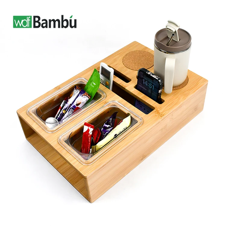 WDF Factory Custom couch console cup holder ccouch console snack tray bamboo couch cup holder tray for houseware