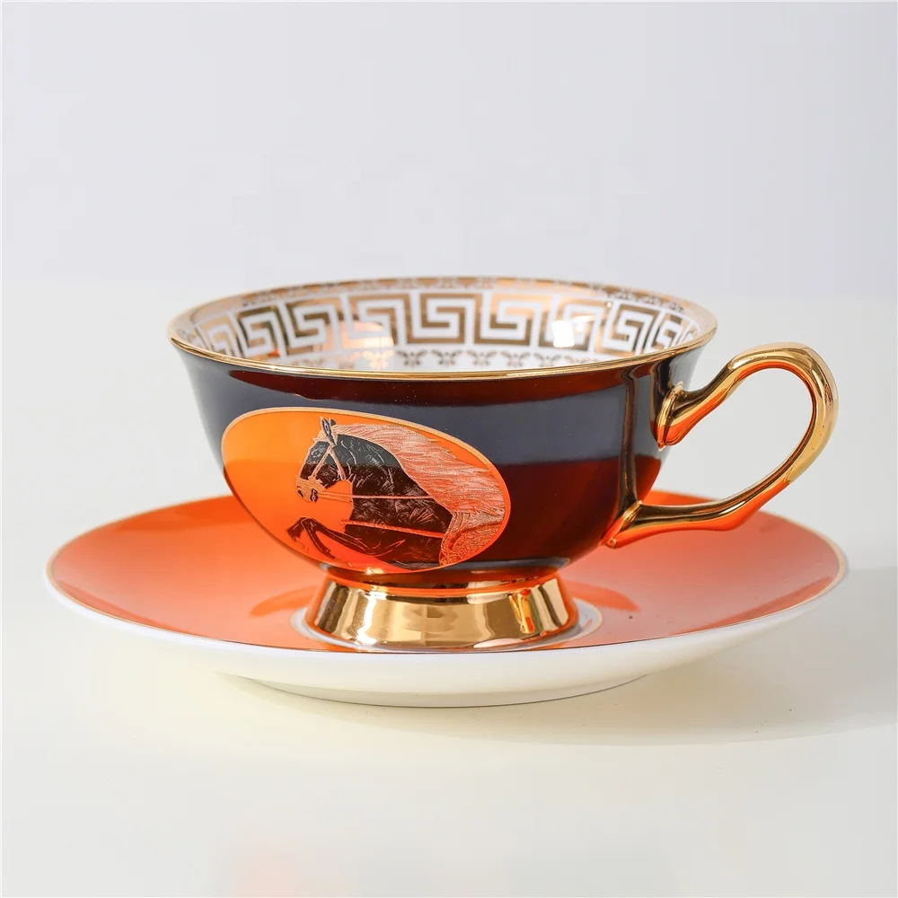 JIABAIEN Royal style 15pcs bone China tea set horse decal colorful design teapot tea cup set custom ceramic coffee set for gift