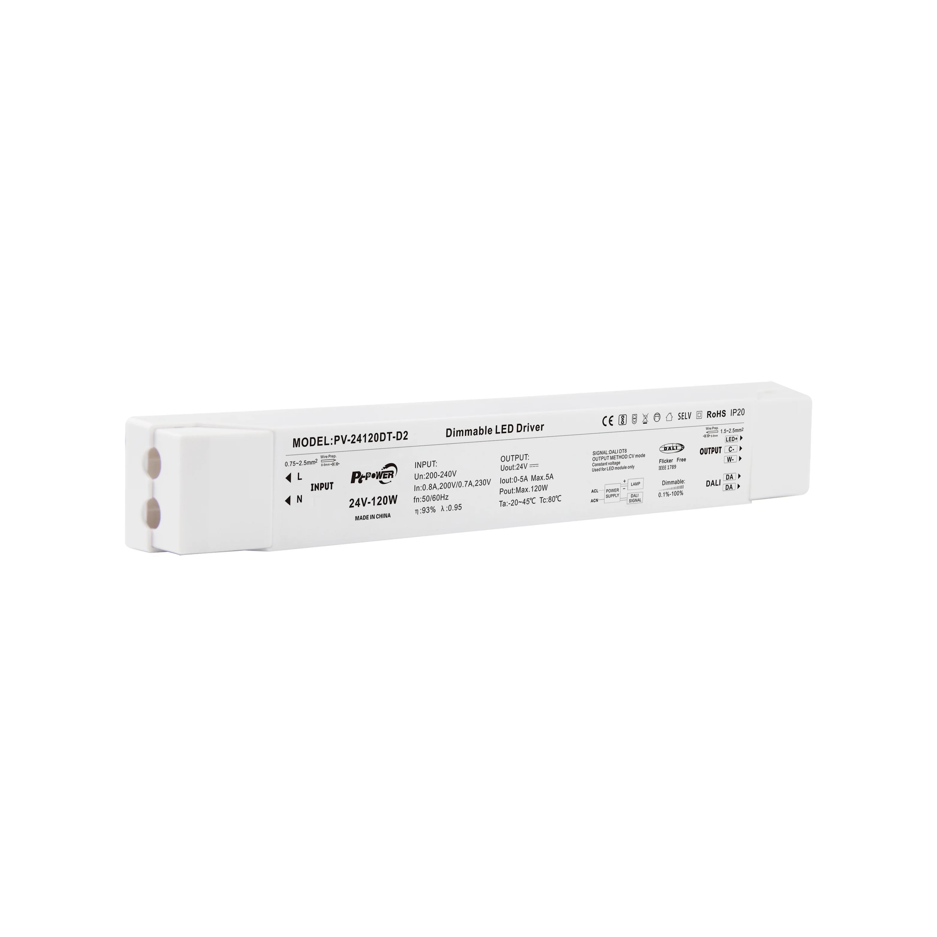 DALI Dimmable LED Driver 12V Slim Waterproof IP20 120W DT6 DT8 LED Dimmer Driver for Indoor Smart Lighting