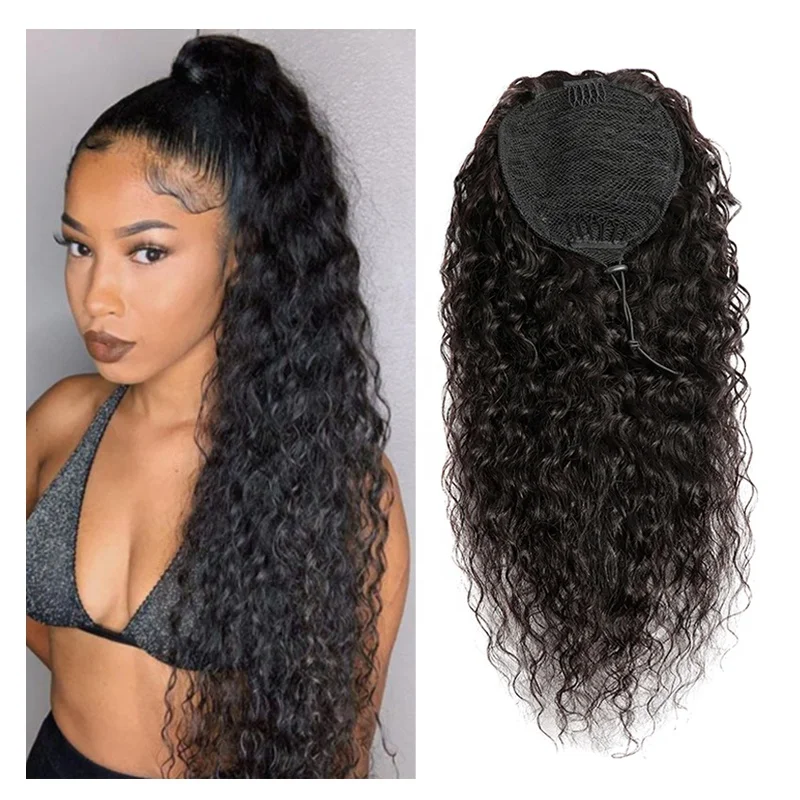 Grade 10A Water Wave Drawstring Ponytail Human Hair Brazilian With Afro Clip In Extensions 2 Combs Remy Natural Wavy Ponytail