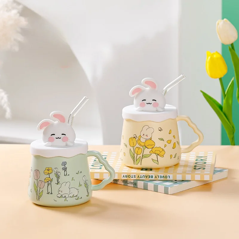 420ml Cute Bunny Ceramic Mug With Lid And Straw Couples Coffee Mug Gift Mugs