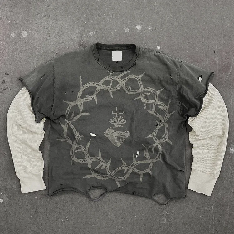 Custom black long sleeve distressed double layer t-shirt vintage long t shirts for men